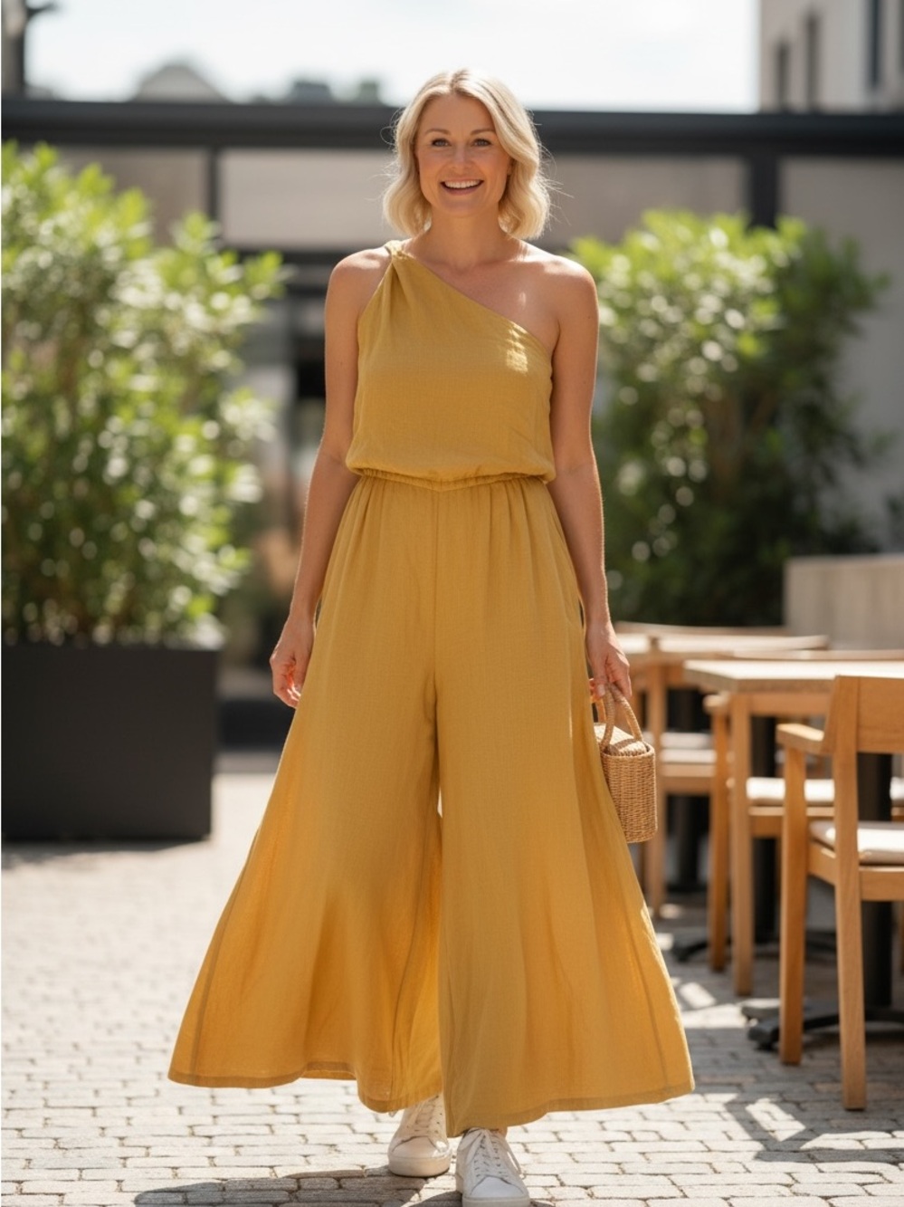 One-Shoulder Mustard Wide-Leg Jumpsuit